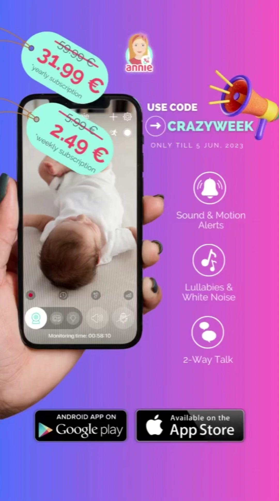 Crazy discount is here🎉 Don’t miss a chance to get weekly or yearly plan at discounted price! Use the code CRAZYWEEK now ‼️#AnnieBabyMonitor #babymonitor #discount #promocode