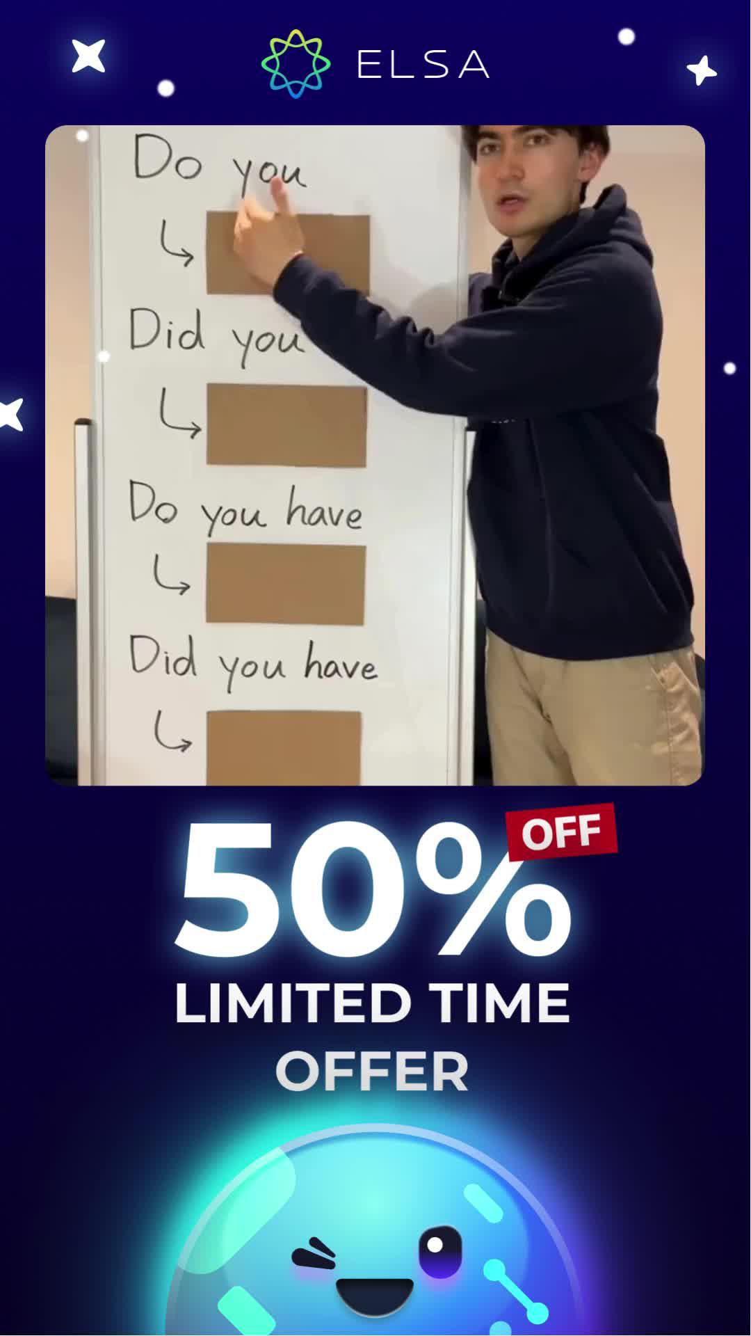 Speak English with confidence! Try ELSA Speak and enjoy a 50% off limited time discount.