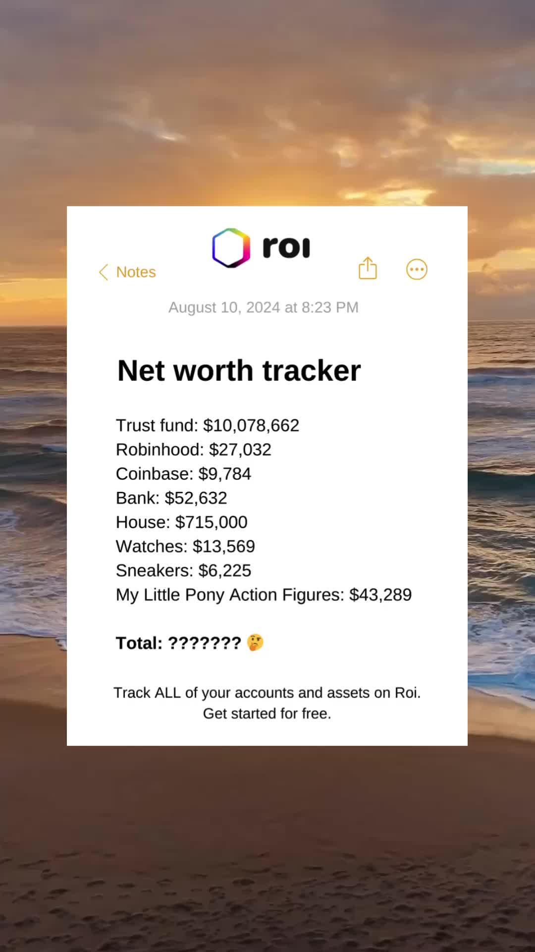 If you’re tracking your net worth manually, then Roi is for you.  Stop guessing, start growing. #personalfinance #investing #finance #stocks #networth #dividends #investingtips #networthtracking #financetiktok