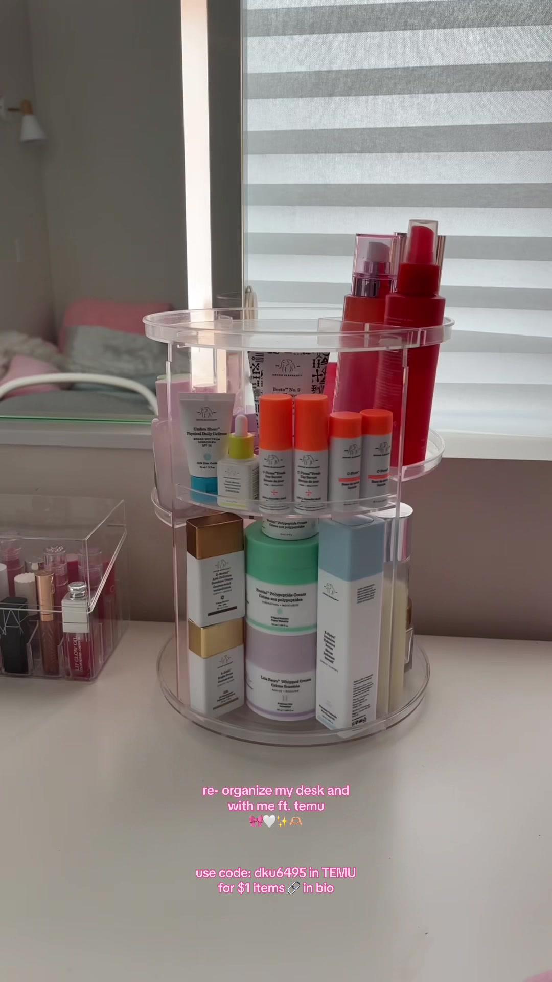 find the code 'dku6495' in #temu search bar for $1 items and link in my linktree! #musthaves #temufinds #temuhaul #desk #deskorganization #desksetup #desktour #vanity #vanitytour #skincare #makeup #fy #fyp #fypシ゚viral #goviral