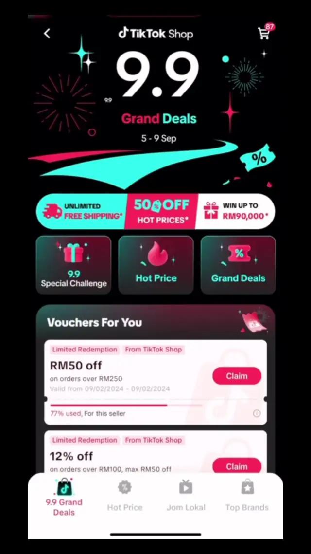 Jom la join sekali guyss!! Sales kaw2 kali ni #tiktokshop99GrandDeals @tiktokshop_my 🇲🇾 start daripada 5-9 september ni guysekkkk, voucher banyakk pastu search je '99GrandSales' kat tiktokshop, enjoy free shipping🤤 dan berpeluang menang rm90,000!!!