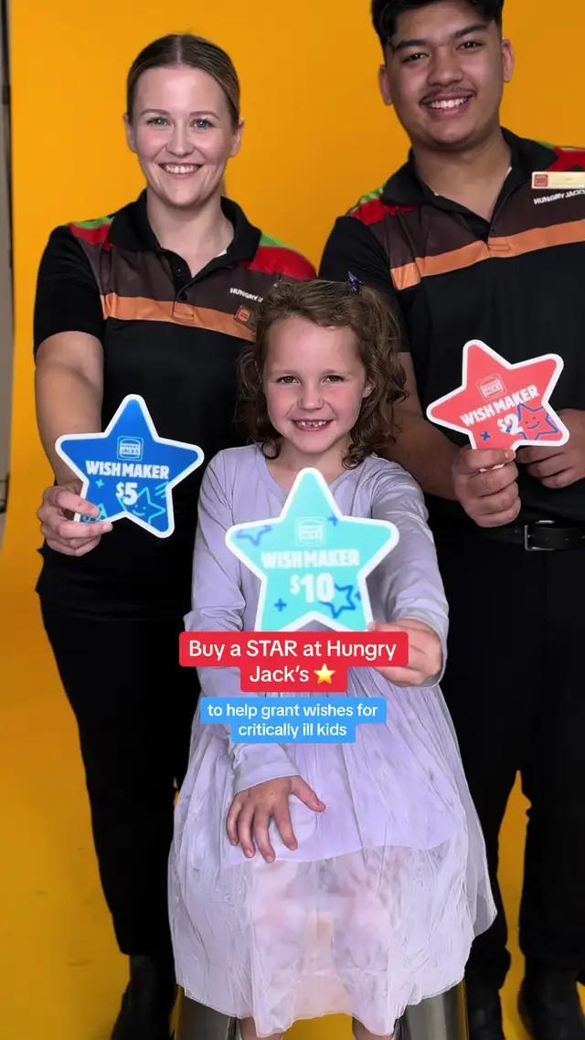 Help grant wishes for critically ill kids in Australia ⭐️ Buy a $2, $5 or $10 Star at Hungry Jack’s in-store, online or via the HJ’s App, and become a Wishmaker today 💙 #MakeAWish 