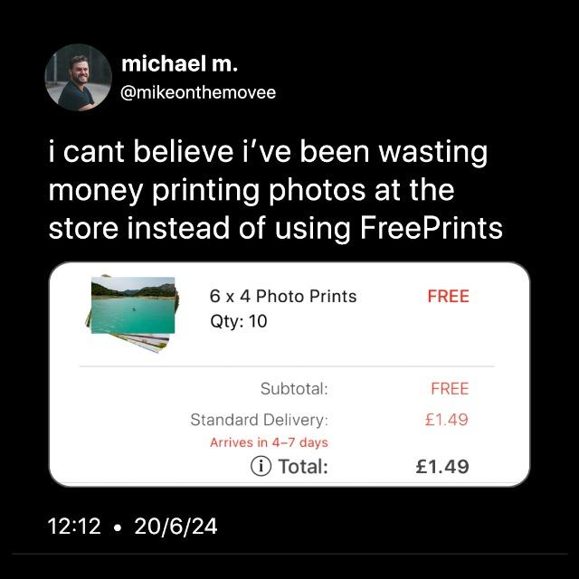 Trust FreePrints to print your photos and get them delivered home. Just Pay for Delivery.