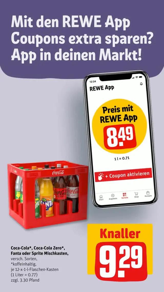 Exklusiv in der REWE App jeder Kasten Coca-Cola, Fanta o. Sprite (1L=0.71) für nur 8,49€ zzgl. Pfand