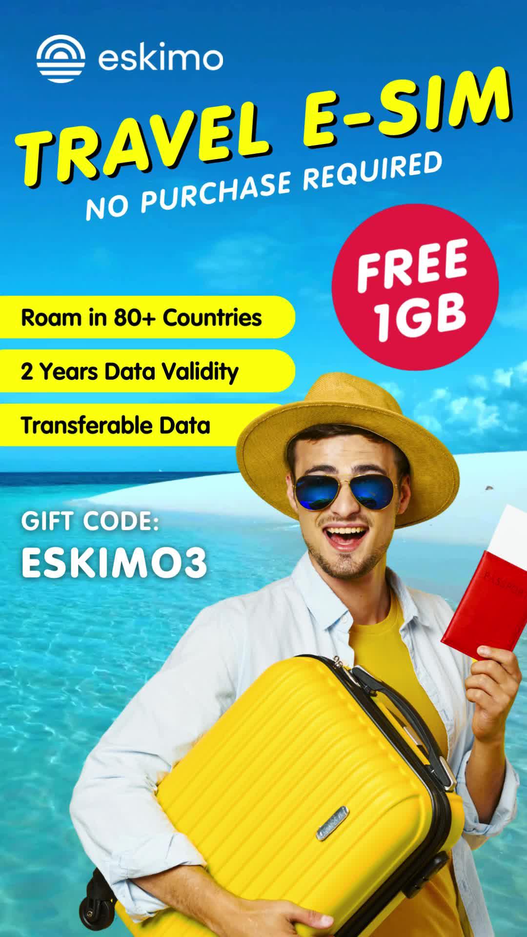 Freebie Alert - Get Yours Now! Download Eskimo app and signup using the code ESKIMO3 to get your 1GB Global Data + eSIM for free - no purchase required! #traveling  #traveltips  #fyp  #backpackers  #holidays #travel