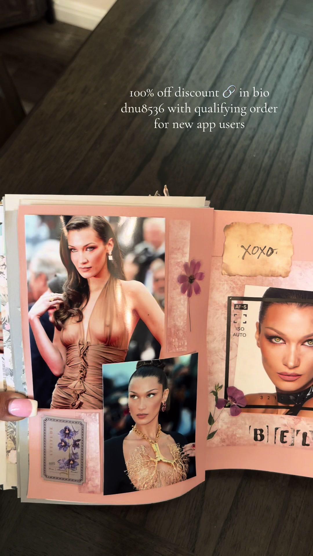 Bella hadid scrapbook page with temu. These stickers are so cute and very easy to apply! 🤍 All items linked in bio ✨use code 🔗 dnu8536 in temu search bar for free with qualifying orders 📦🧡 #bellahadid #temu #scrapbooking #scrapbookingideas #scrapbookasmr #journaling #temuhaul #temufinds #temumethod #temucodes #temudealcode #viral #trending #foryou #scrapbook