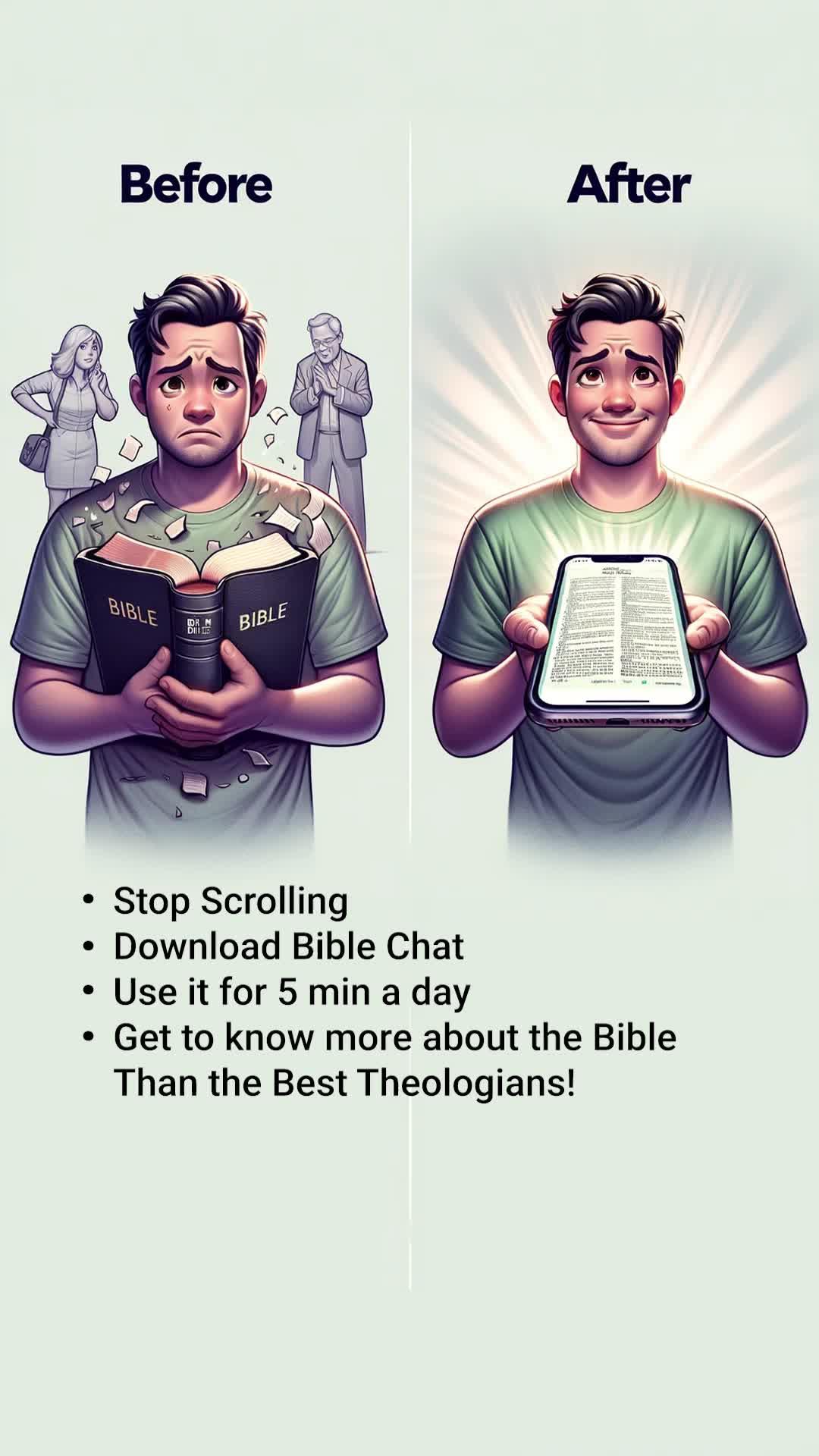 Invest in your faith with Bible Chat. Download and let yourself be guided for a deep connection with God.