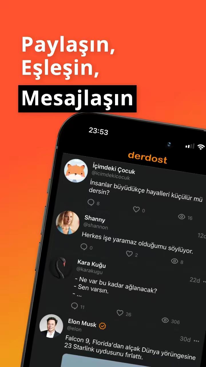 Paylaşın, eşleşin, mesajlaşın! Derdost'u hemen indirin!