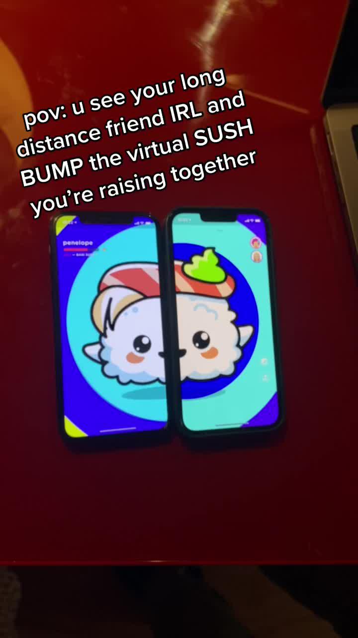 Finally seeing my bestie IRL to BUMP our #virtualpet  on #sushapp #kawaii #sushi #bestfriends #game #love #couple #fyp #bestapps #iphone #iphonetricks