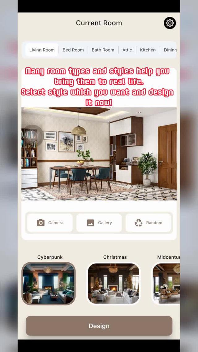 Create Home Design with AI Decorate!Choose room type, select style which you want and design it now!