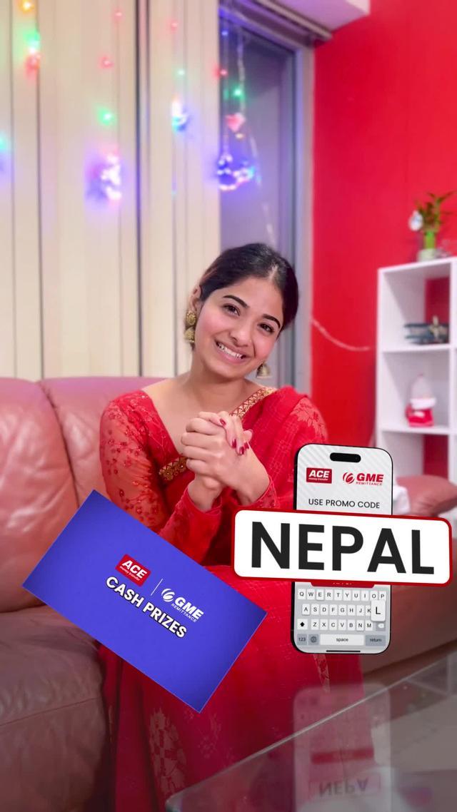 Sruchi is here with the Message of ACE Money Transfer & GME Remittance!   Send your hard-earned money to Nepal with ACE Money Transfer.   Use promo code 'NEPAL' for a chance to WIN 1 of 4 iPhone 15 Pro.   Plus, 50 lucky recipients in Nepal will WIN NPR 15,000 each!   The offer is valid till August 31st.   #ACEMoneyTransfer #GMERemittance #DeliveringYourPromises